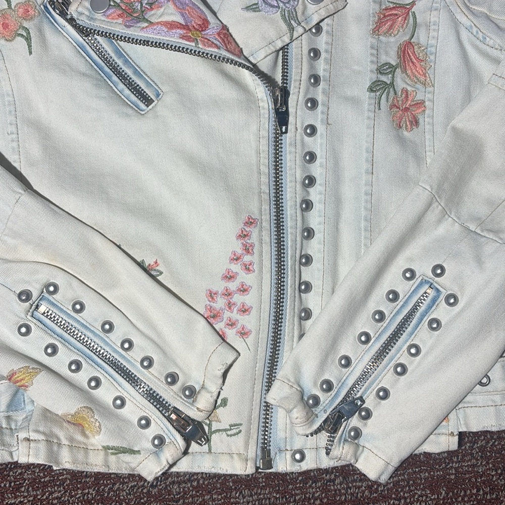 Montanaco Floral Embroidered denim moto Jacket country chic studded zip up - Picture 3 of 16